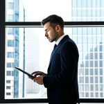 A professional businessperson in a modest business suit, looking thoughtfully at a tablet displaying a subtle growth chart. The subject has a calm, contemplative expression, indicating deep processing of information. The setting is a modern, minimalist office with large windows providing soft natural light. The overall mood is reflective and forward-looking. fully clothed, appropriate attire, safe for work, perfect anatomy, natural proportions, well-formed hands, professional photography, high quality.