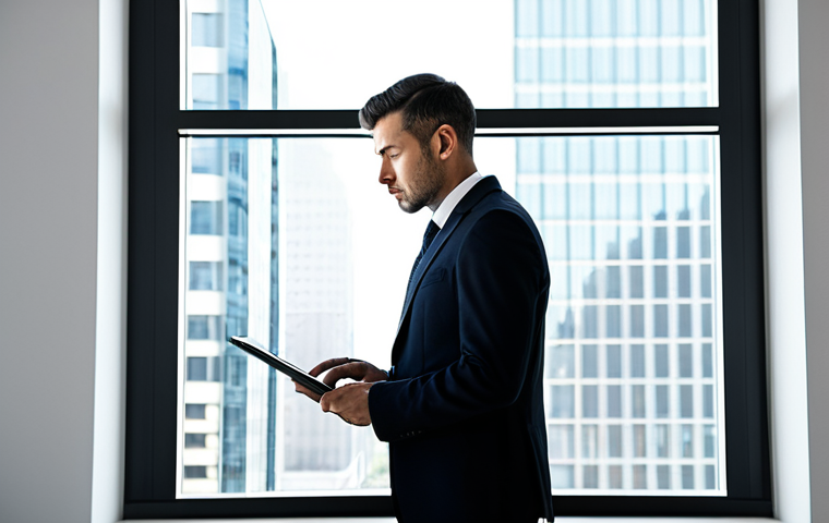 A professional businessperson in a modest business suit, looking thoughtfully at a tablet displaying a subtle growth chart. The subject has a calm, contemplative expression, indicating deep processing of information. The setting is a modern, minimalist office with large windows providing soft natural light. The overall mood is reflective and forward-looking. fully clothed, appropriate attire, safe for work, perfect anatomy, natural proportions, well-formed hands, professional photography, high quality.