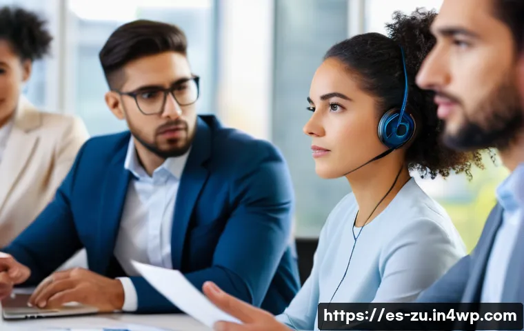 피드백 수용력 향상이 개인 발전에 미치는 영향 - A professional office scene showing a diverse group of coworkers engaged in active listening during ...