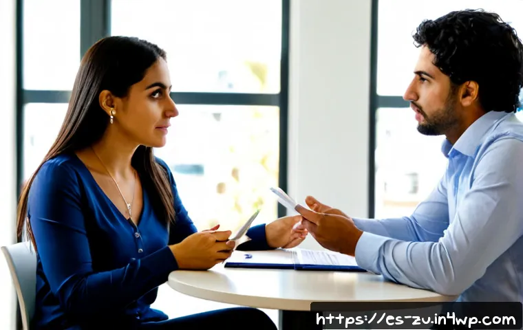 Home 17 피드백을 통한 갈등 해소 기술 - Photorealistic scene of two Hispanic coworkers in a bright modern office in Madrid, seated across a ...